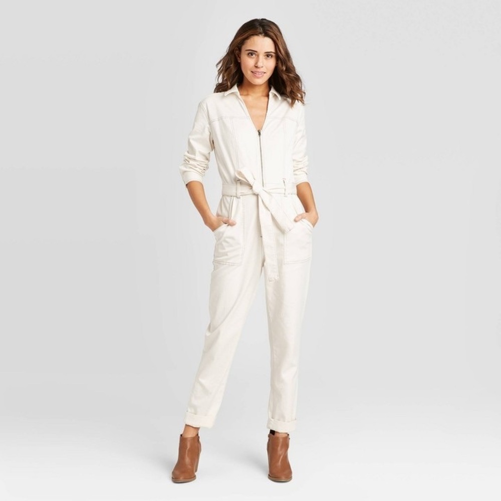 Universal Thread Cream Jumpsuit with Belted Waist and Long Sleeves